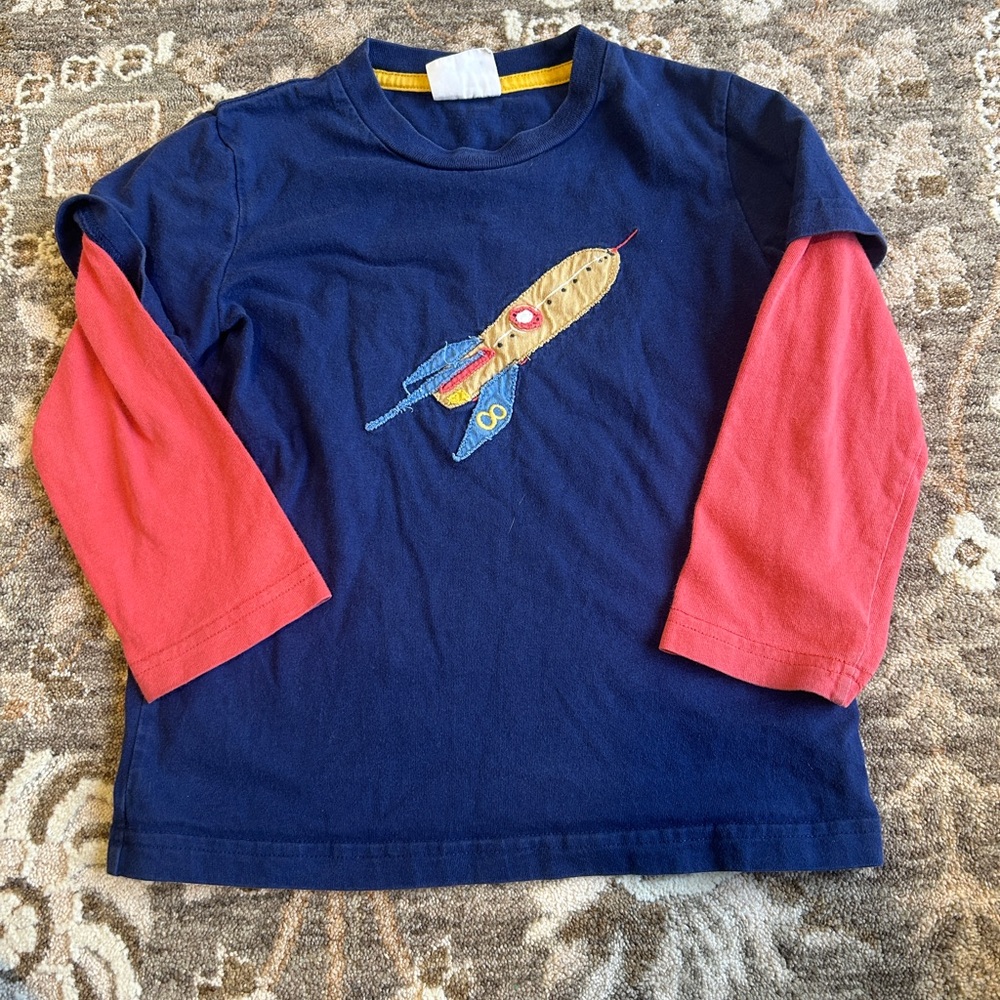 Mini Boden Rocket Ship Applique Long Sleeve Shirt Navy Coral Size 3-4Y